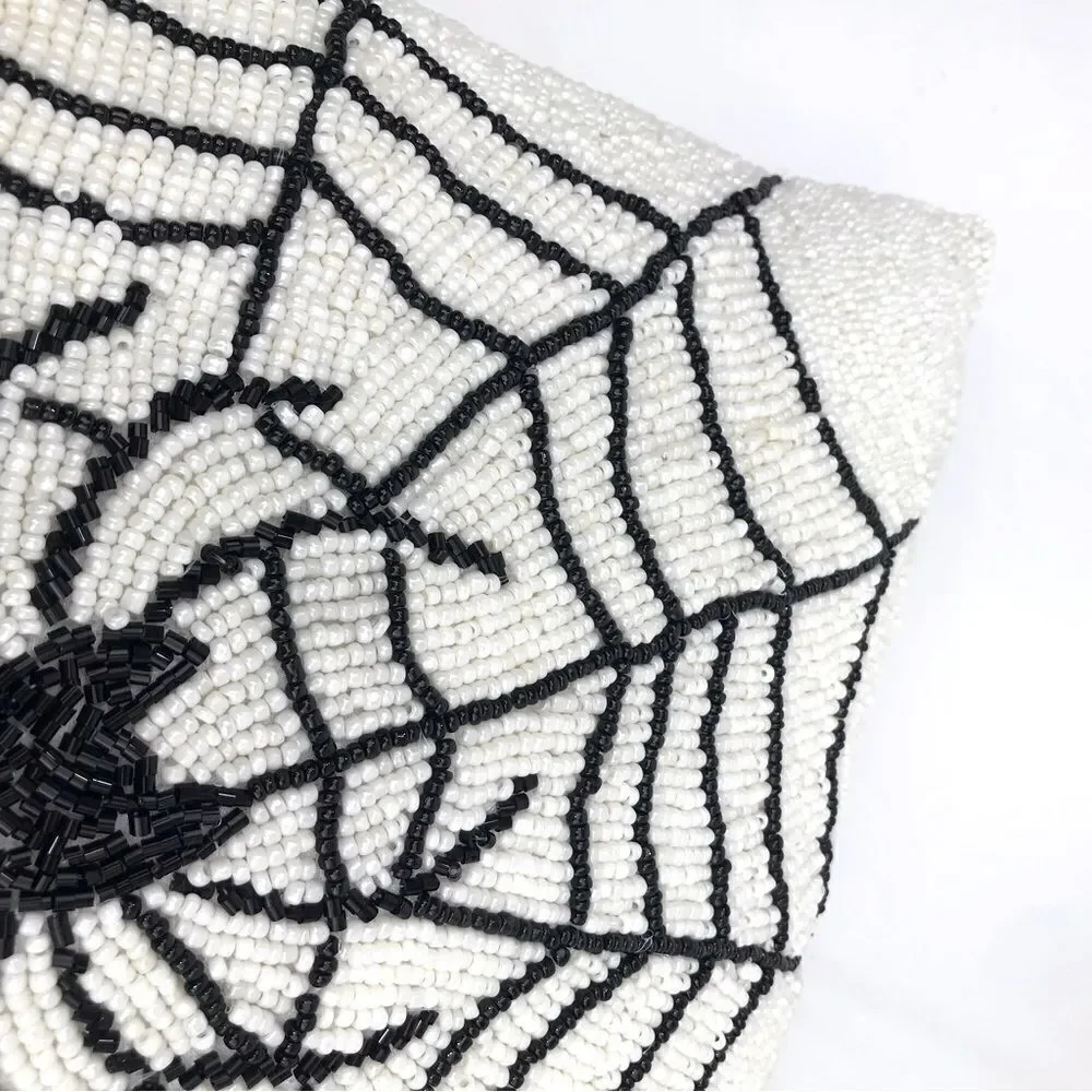 Noir Night Black Spiderweb White Beaded 16” Halloween Decor Accent Throw Pillow